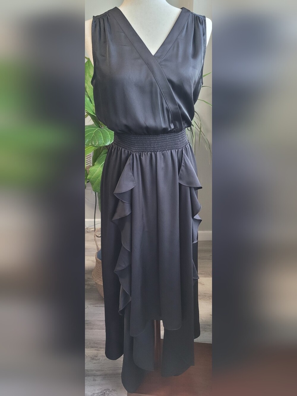 Karl Lagerfeld Paris Black Satin Dress 6 Faux Wrap High Low Ruffle LBD